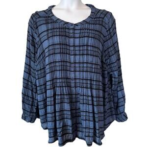 Vtg Caffe Marrakesh Blue Plaid Blouse Plus Size 3X Y2K Grunge Soft Girl Academia